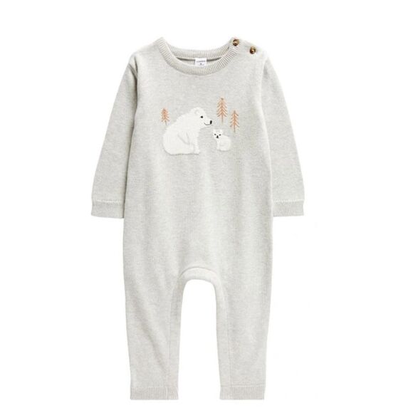 Nordstrom Other - Nordstrom Babies’ Cozy Cotton‎ Intarsia Heather Gray Sweater Bear Romper New!